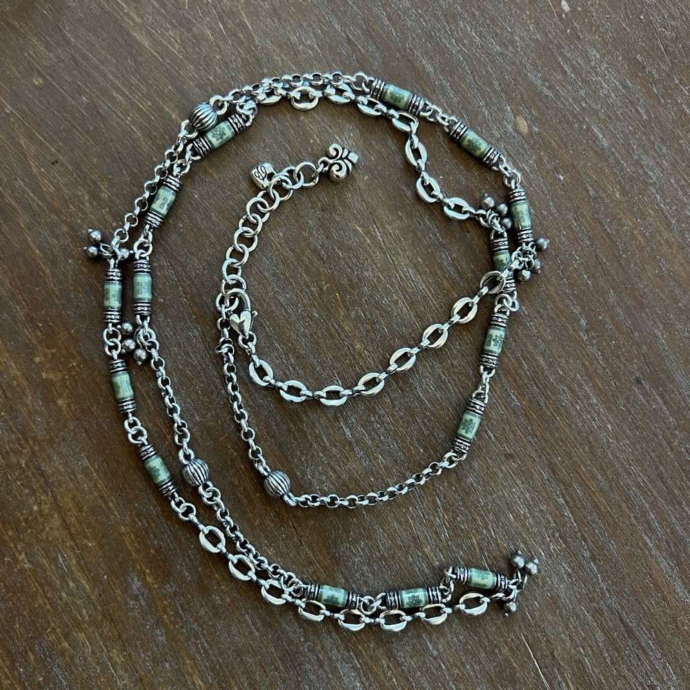 Brighton Long Beaded Necklace • Green Accents • Retired Silver Tone Jewelry